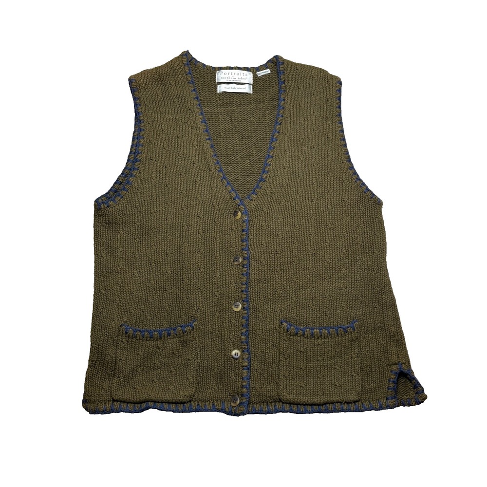 Vtg Portraits By Northern Isles Hand Embroidered Sweater Vest Womens S/M Green
